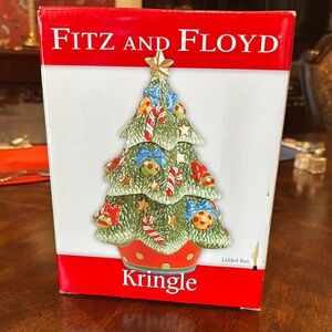 Fitz and Floyd Kringle Holiday Tree 3 section Lidded Box in Red, Green & Blue
